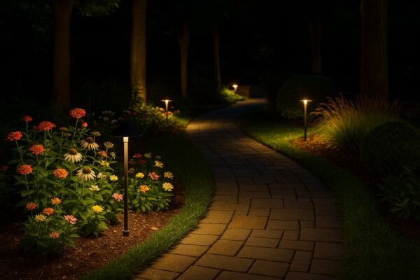 حديقة منزلية مضاءة بأضواء ليلية ناعمة