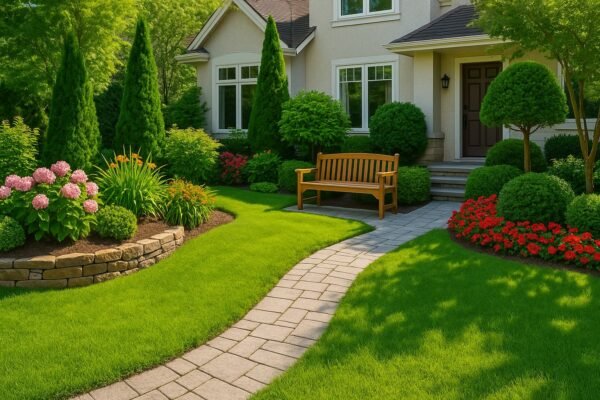 حديقة منزلية أمامية أنيقة مزروعة بأشجار خضراء ونباتات زينة في الرياض