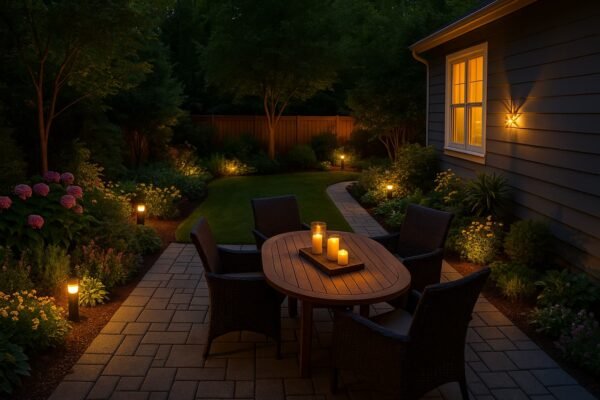 حديقة منزلية مضاءة في المساء بجلسة خارجية أنيقة