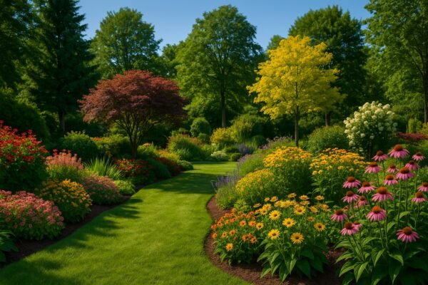 حديقة منزلية مزروعة بأزهار ملونة وأشجار صغيرة