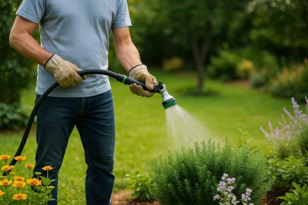 شخص يقوم بري النباتات في حديقة منزلية