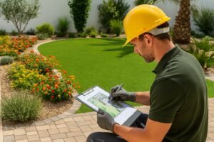 مهندس تنسيق حدائق يعمل في تصميم حديقة منزلية بالرياض