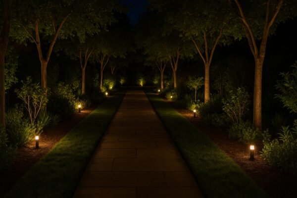 إضاءة ليلية دافئة على ممر حديقة في جنوب الرياض