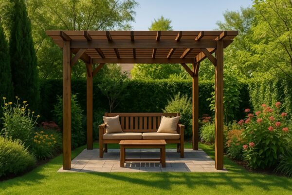 جلسة مظللة خشبية في حديقة جنوب الرياض