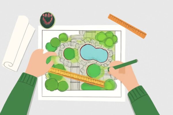 تصميم حديقة مع مسار ومسطحات خضراء