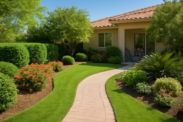 حديقة منزلية مع مسار من الطوب وأشجار خضراء