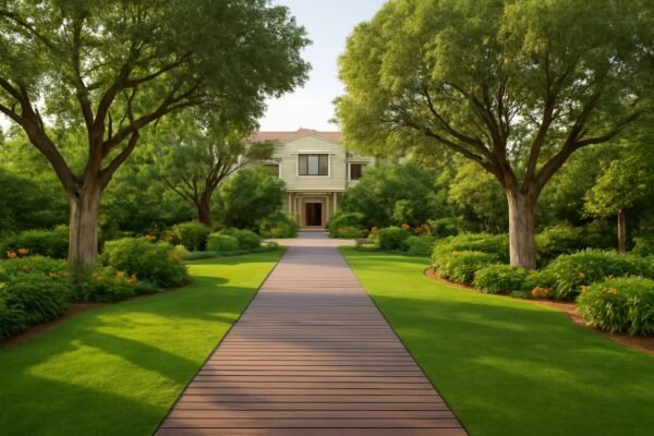 حديقة فيلا فاخرة بالرياض مع مسارات خشبية وأشجار كبيرة