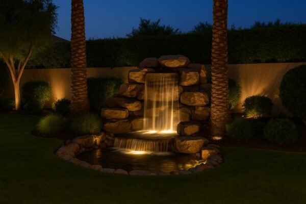 شلال صناعي مضاء ليلاً داخل حديقة فاخرة بالرياض