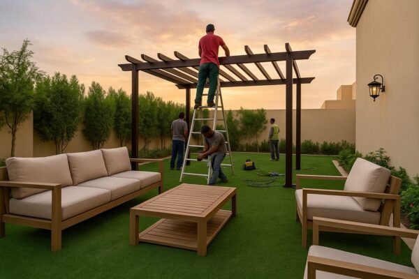فريق عمل ينفذ تركيب جلسة خارجية خشبية بالرياض