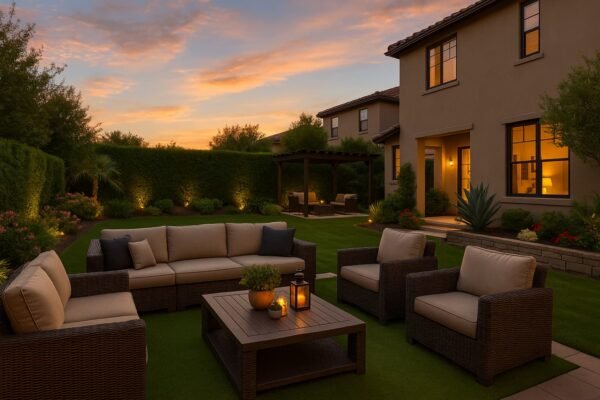 جلسة خارجية فاخرة في حديقة منزلية بالرياض