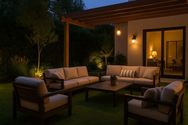 جلسة خارجية ليلية بإضاءة دافئة في الرياض