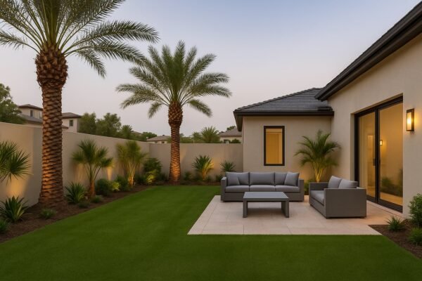 تصميم حديقة منزلية بالرياض بتصميم عصري وإضاءة ليلية دافئة