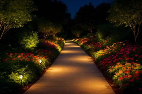 مسار حديقة مضاء بإضاءة شديدة على الجانبين تبرز النباتات الملونة