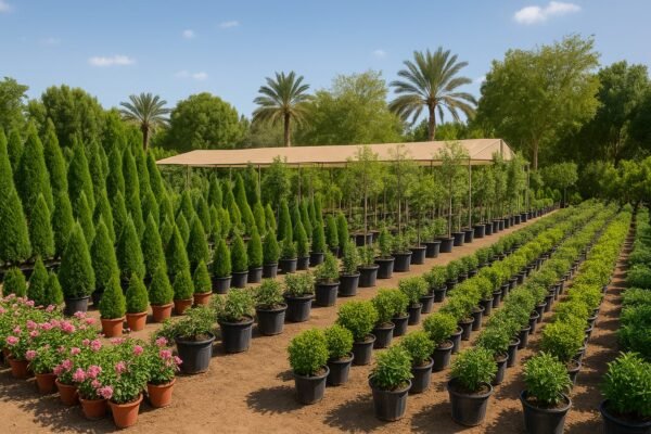 مشتل كبير في الرياض يحتوي على صفوف من النباتات والأشجار