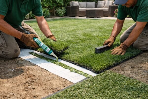 تنفيذ وصلات مخفية لعشب صناعي بالرياض أثناء التركيب