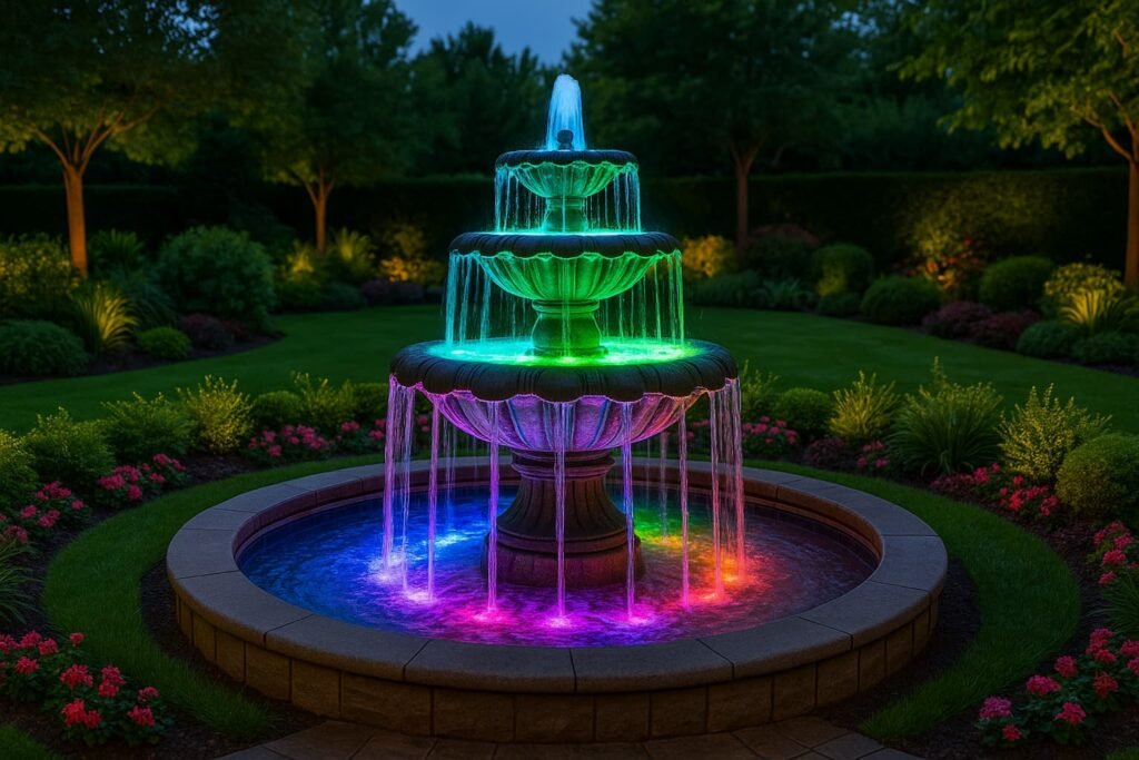 تركيب شلالات ونوافير بالرياض نافورة متعددة الطوابق مضاءة بألوان جميلة