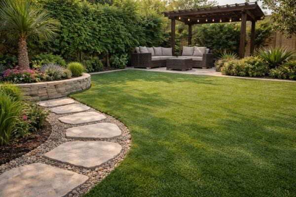 حوش بالرياض بعشب صناعي وممر حجر طبيعي بعد التنفيذ