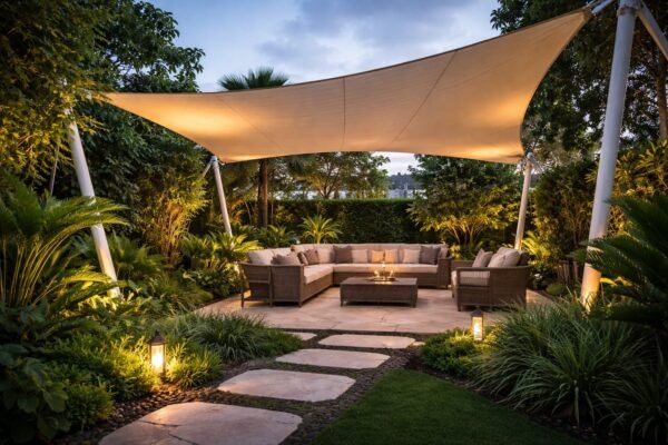 مظلة شدّ إنشائي فوق جلسة حديقة بالرياض