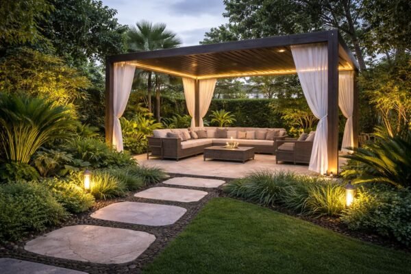 برجولة WPC حديثة فوق جلسة خارجية في حديقة بالرياض