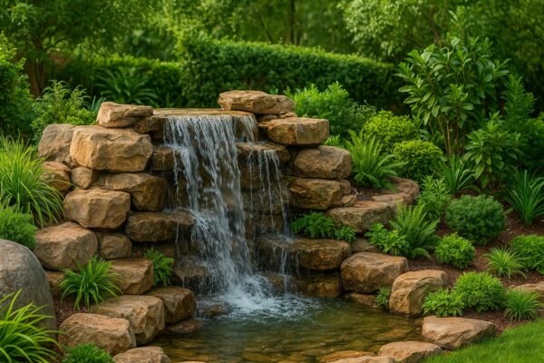 شلال مائي طبيعي مدمج مع صخور ونباتات زينة بالرياض