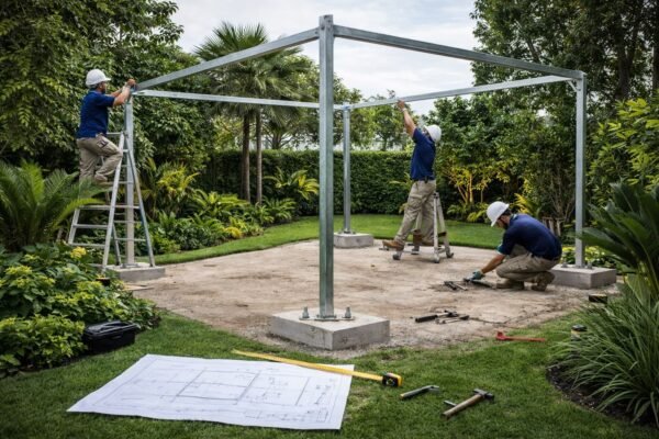 تركيب هيكل مظلة حديد مجلفن داخل حديقة بالرياض