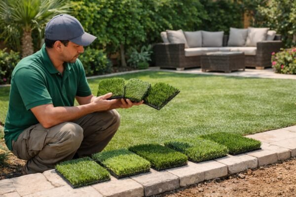 عينة عشب صناعي بالرياض مع فني يقارن الارتفاع والكثافة