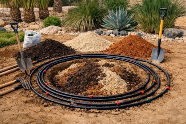 زراعة نخيل بالرياض أثناء تجهيز حفرة الزراعة مع أدوات الحفر وخليط تربة محسّن وري بالتنقيط