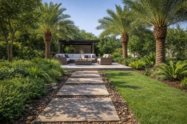 حديقة ذكية بالرياض نهارًا مع نخيل وجلسة خارجية