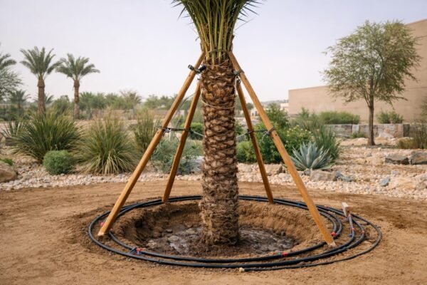 زراعة نخيل بالرياض لنخلة كبيرة منقولة حديثًا مع ربط السعف ودعامات تثبيت وحوض ري
