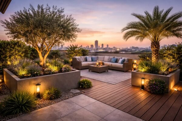 حديقة سطح منزل بالرياض بأحواض كبيرة وأشجار