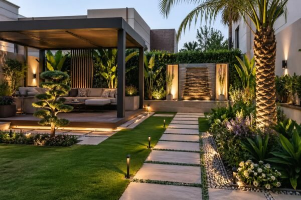 حديقة منزلية عصرية بجلسة خارجية